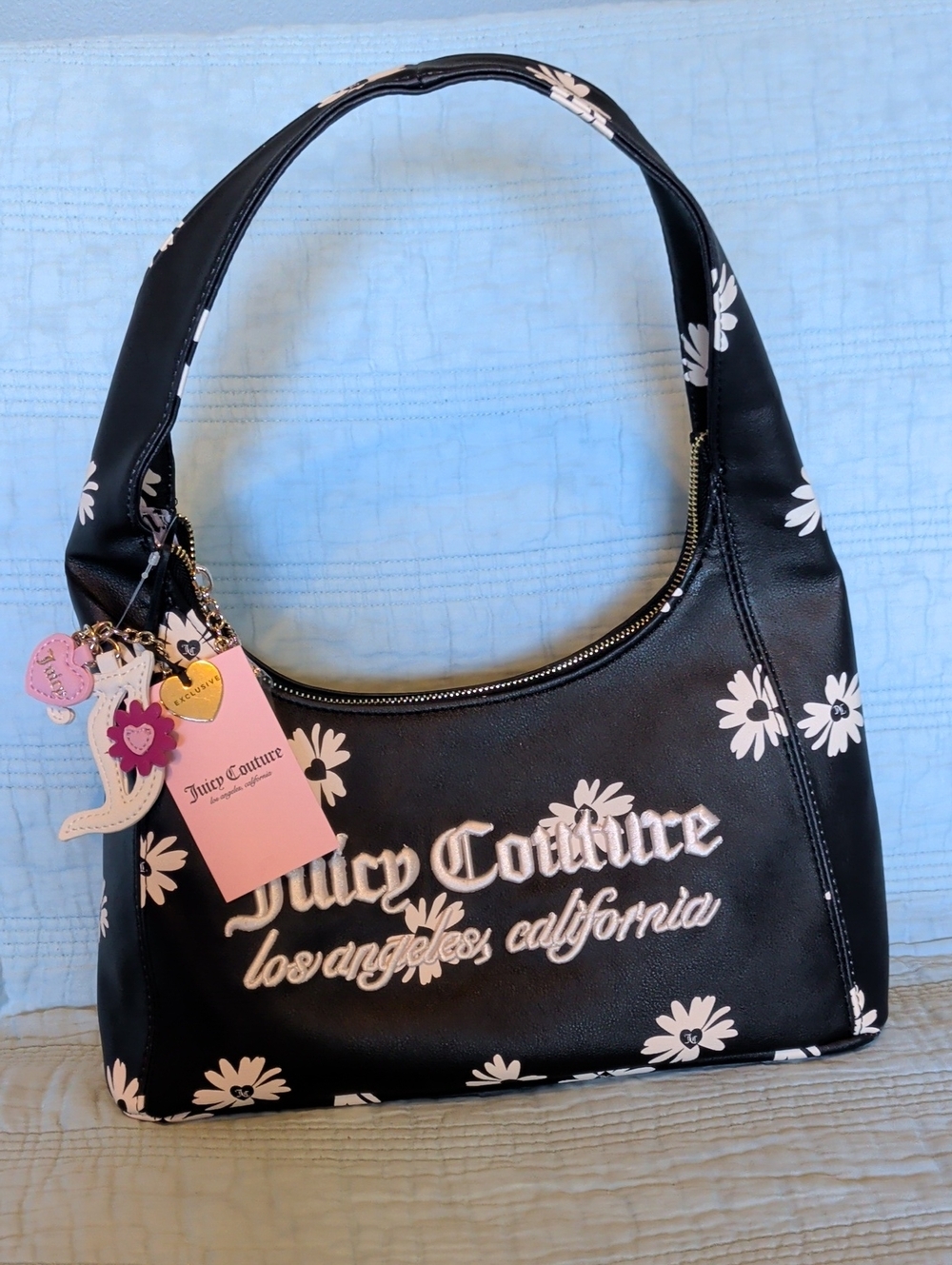 Exclusive Juicy Couture Black Shoulder Bag with White Daisy Print